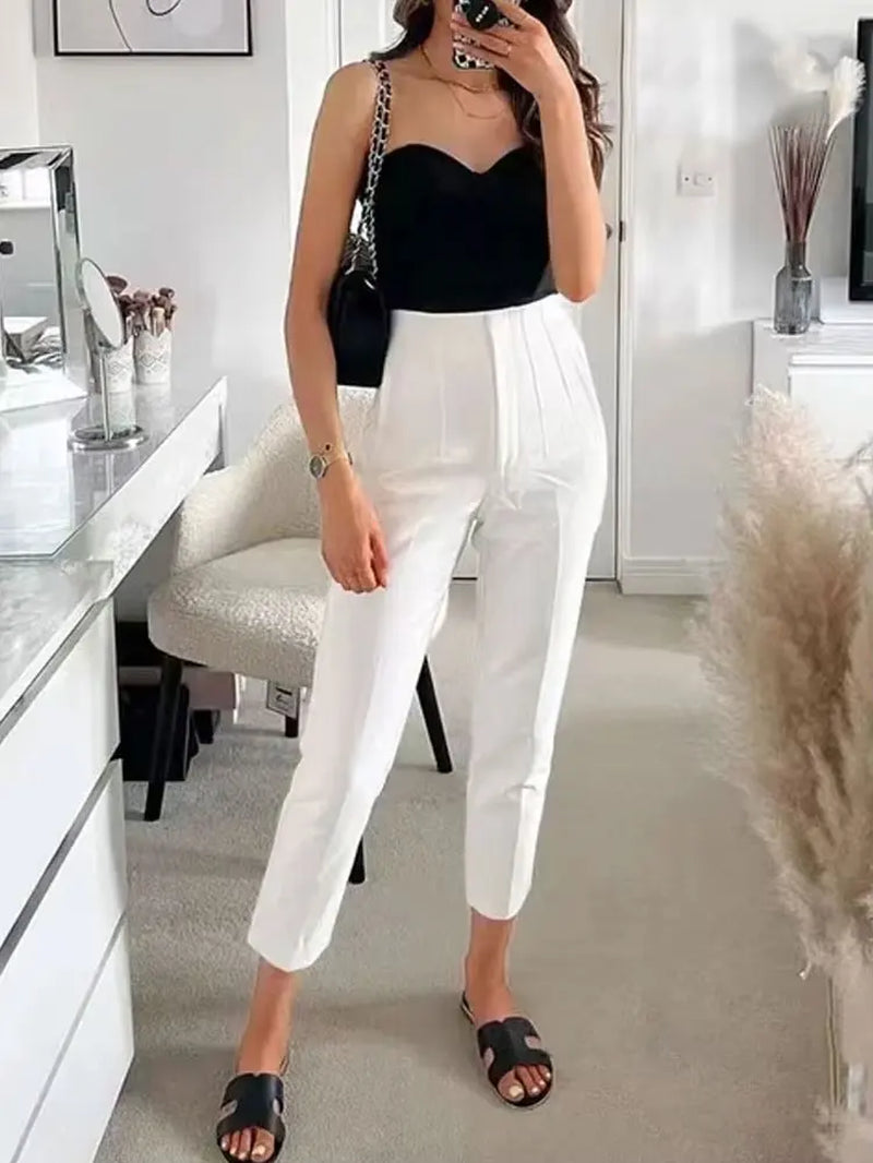 High Waist Solid Pants for Women Casual Basic Ankle Trousers with Pockets Zipper Fly Office Wear Pants Pantalones Mujer