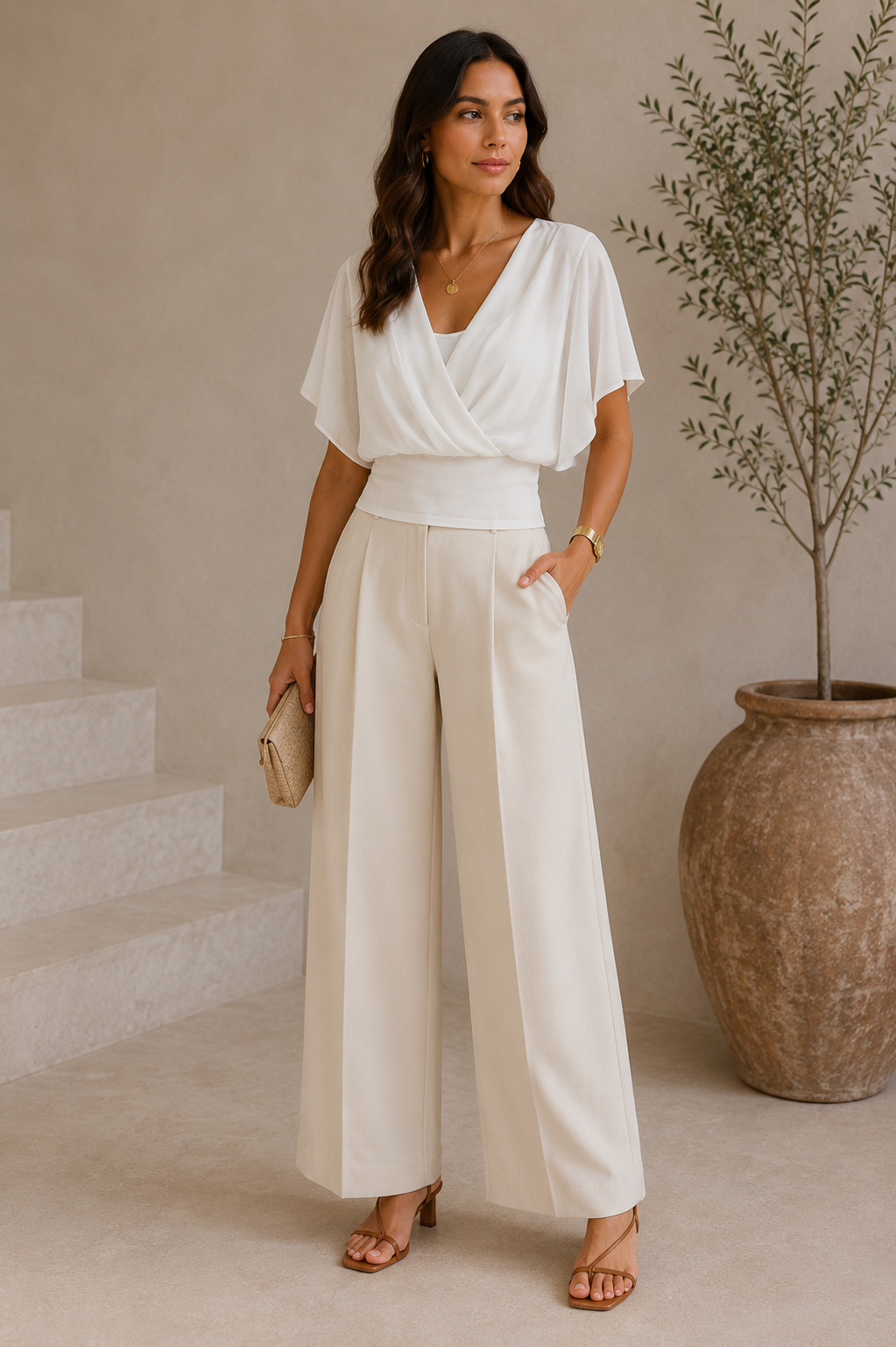 Top liso con mangas con volantes - Blanco