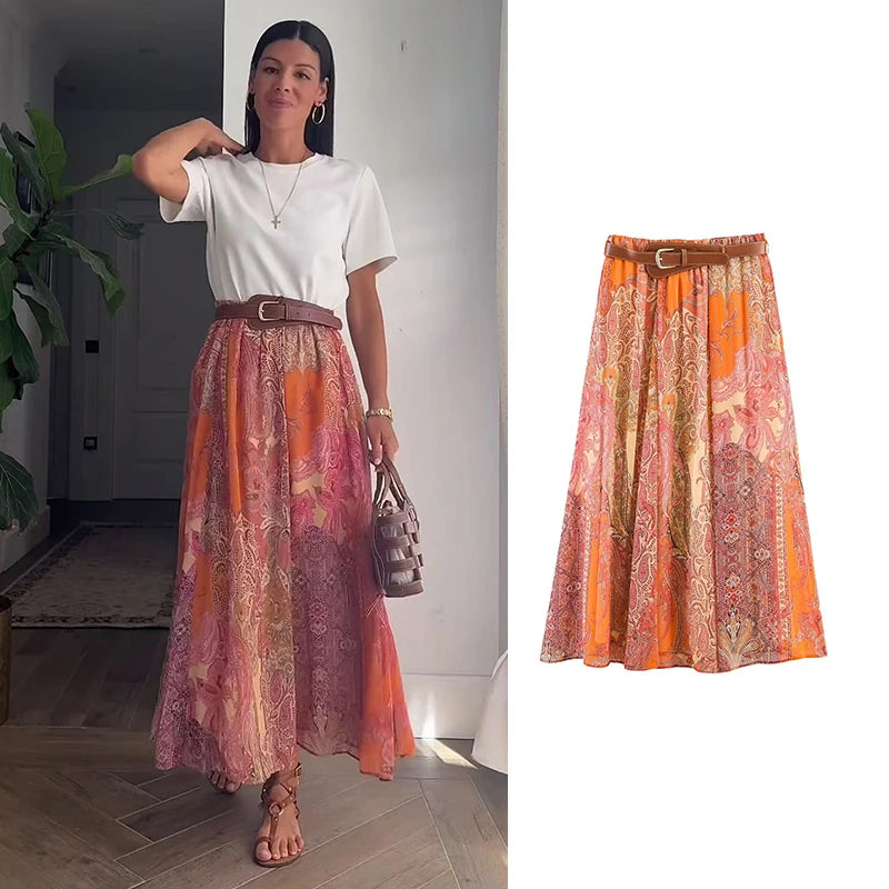 Summer New Skirts Women'S 2026 New Fashion Retro Print High Waist Skirts Chic Summer Travel Joker Holiday Women'S Skirts
