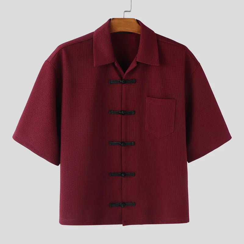 Men'S Shirt Color-Block Button Lapel Half Sleeve Tops Menswear Clothing Streetwear Loose Vintage Casual Shirts for Man