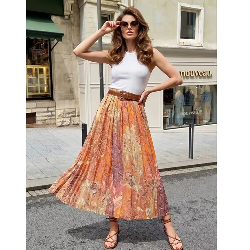 Summer New Skirts Women'S 2026 New Fashion Retro Print High Waist Skirts Chic Summer Travel Joker Holiday Women'S Skirts