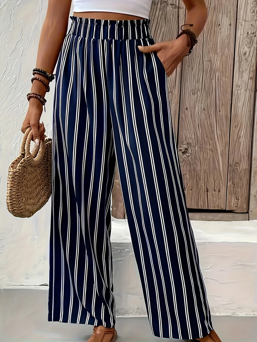 Striped Wide-Leg Pants Women Loose Casual Pants Spring and Summer New High Waist Straight-Leg Loose Pants Trousers