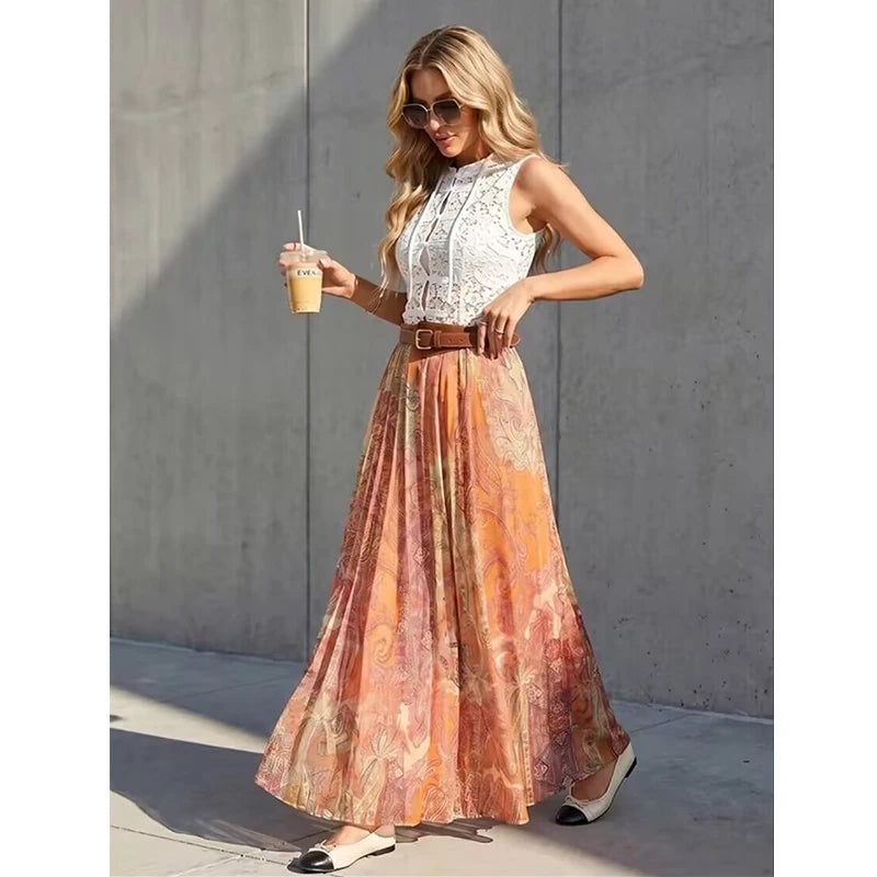 Summer New Skirts Women'S 2026 New Fashion Retro Print High Waist Skirts Chic Summer Travel Joker Holiday Women'S Skirts