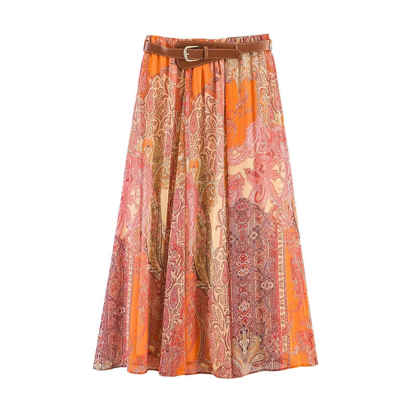 Summer New Skirts Women'S 2026 New Fashion Retro Print High Waist Skirts Chic Summer Travel Joker Holiday Women'S Skirts