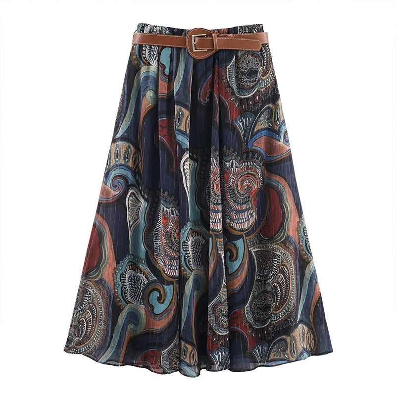 Summer New Skirts Women'S 2026 New Fashion Retro Print High Waist Skirts Chic Summer Travel Joker Holiday Women'S Skirts