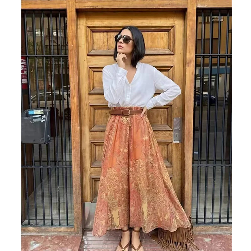 Summer New Skirts Women'S 2026 New Fashion Retro Print High Waist Skirts Chic Summer Travel Joker Holiday Women'S Skirts