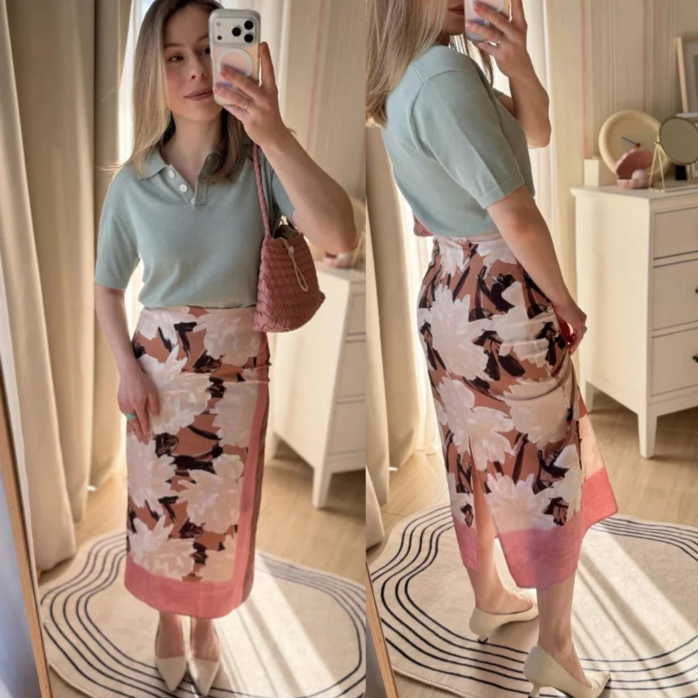 Fashion Women Printed Daily Skirt Effect Office Appointment Midi Skirt High Waist Commute Suitable Slim Fit Long Skirt