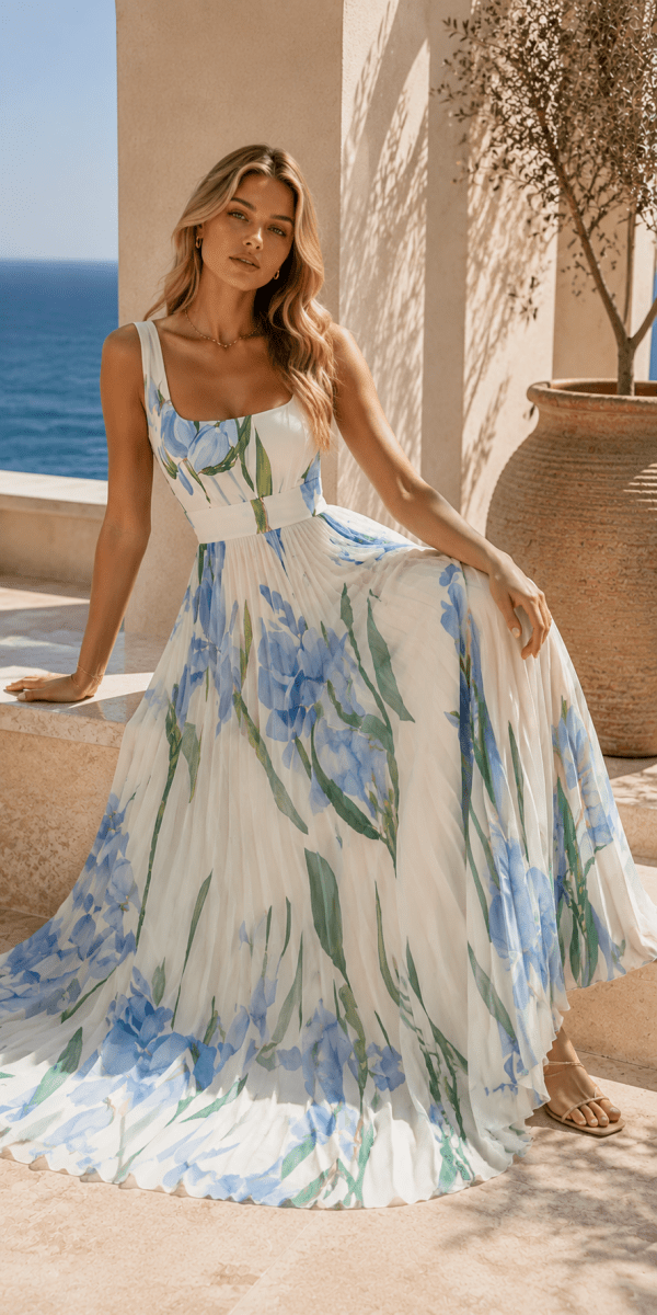 Vestido Celeste Crema Floral Lila - Bianca Salvat