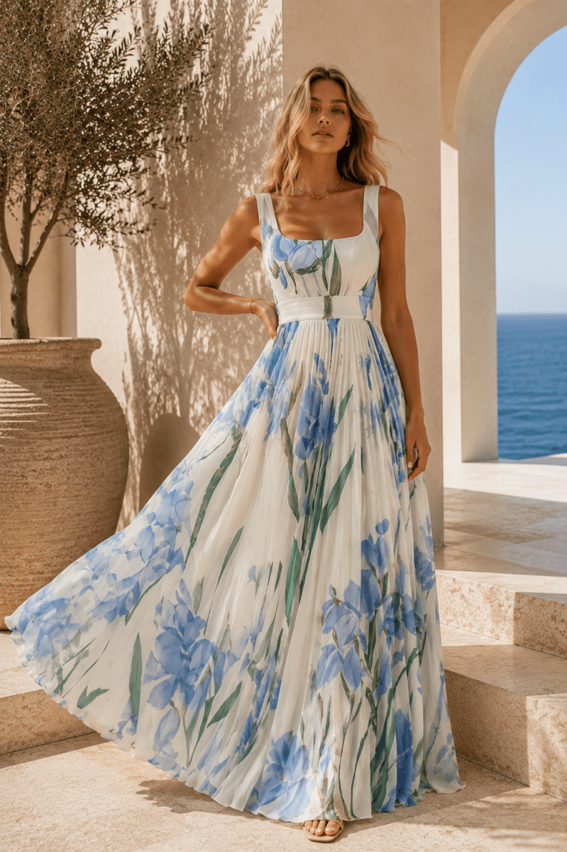 Vestido Celeste Marfil Floral azul - Bianca Salvat
