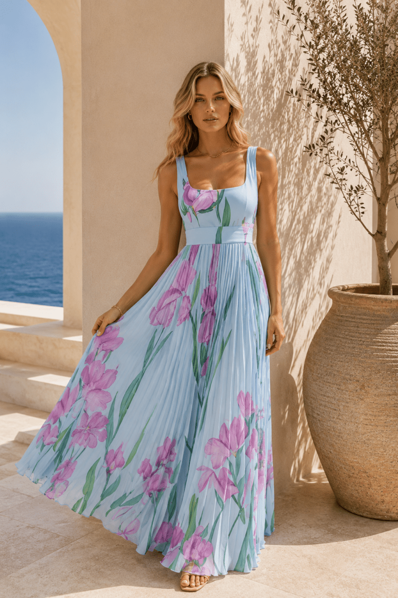 Vestido Celeste Azul Celeste Floral - Bianca Salvat