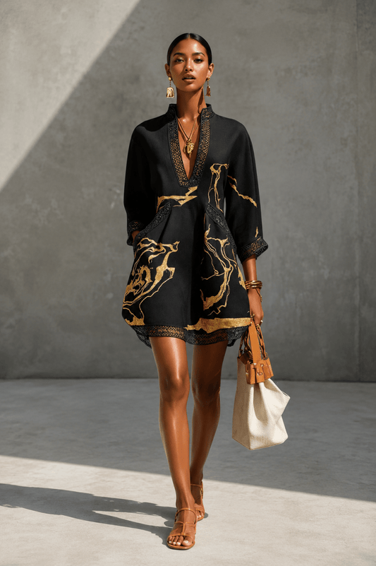 Vestido mini con cuello en V, estampado en negro y dorado S - Bianca Salvat